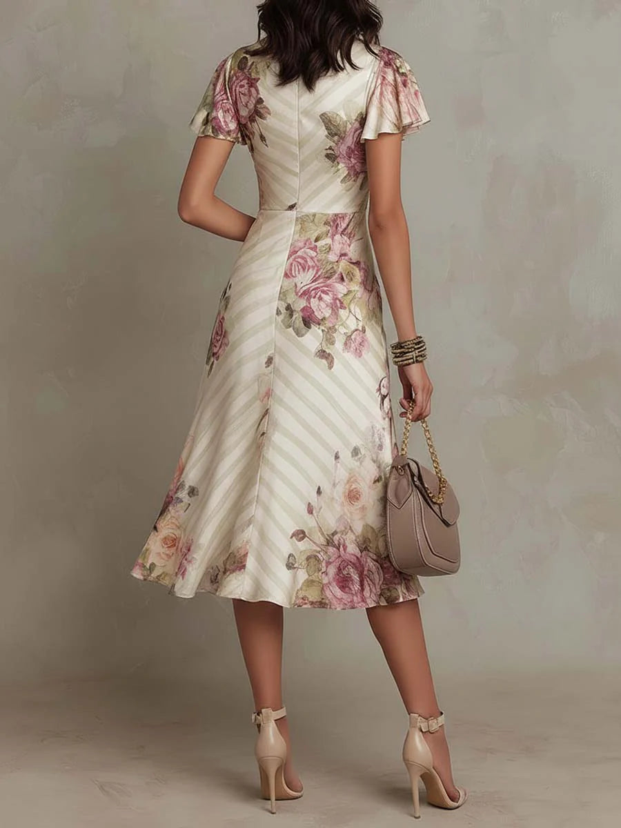 Alba - Élégante robe midi rétro en satin avec imprimé floral