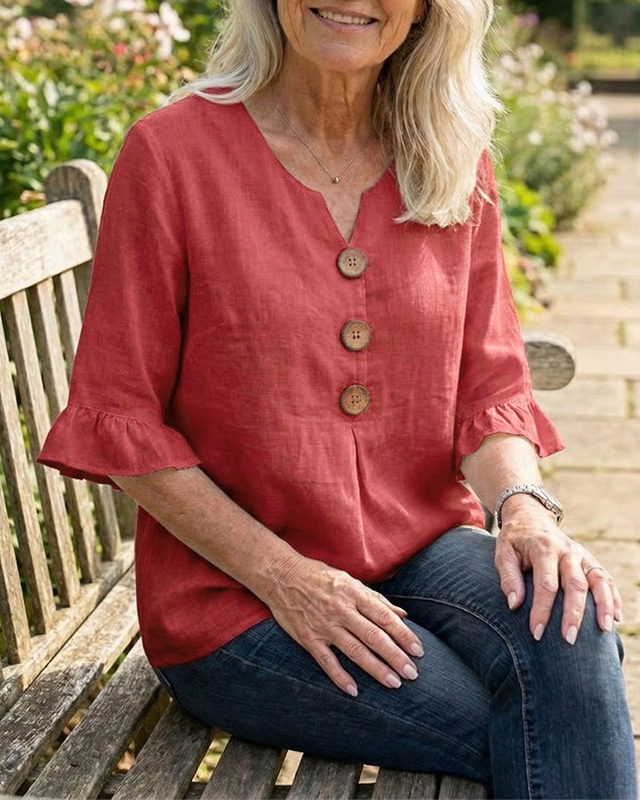 Blouse Sophia unie en coton-lin avec boutons en bois et volant