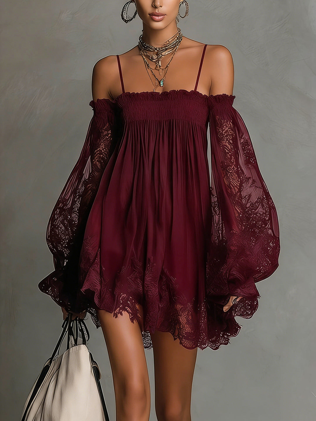 Noemi - Mini robe en bleu marine avec décolleté off-shoulder, finitions en dentelle et manches transparentes