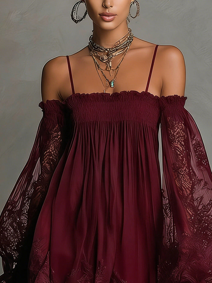 Noemi - Mini robe en bleu marine avec décolleté off-shoulder, finitions en dentelle et manches transparentes
