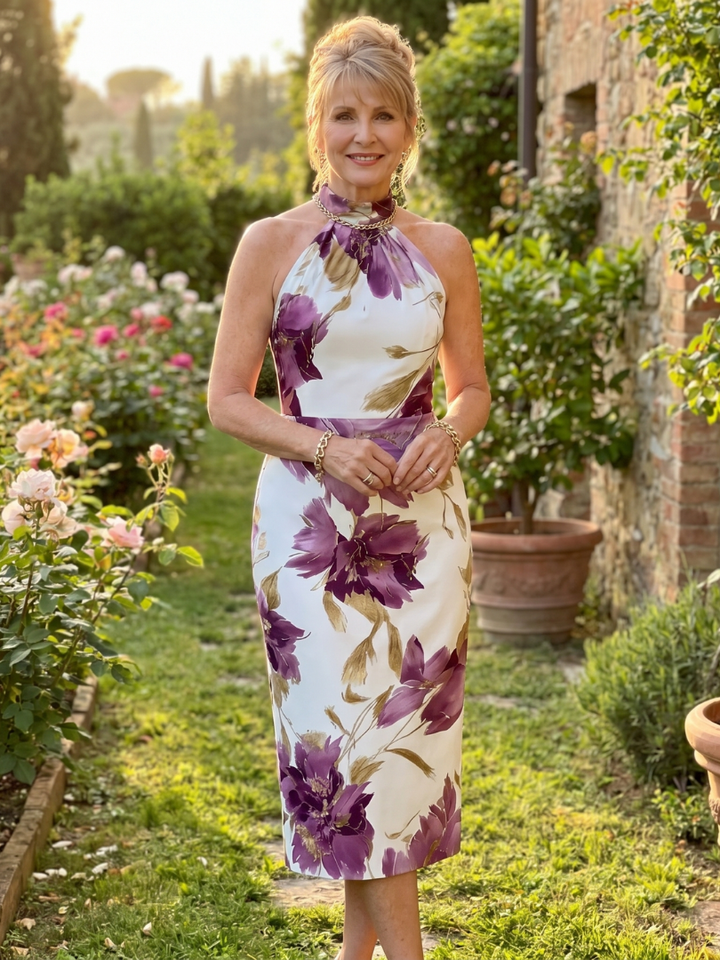 Zinnara | Robe Midi Florale avec Décolleté Halter