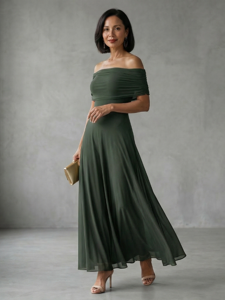 Juin | Robe Midi Drapée à Épaules Dénudées