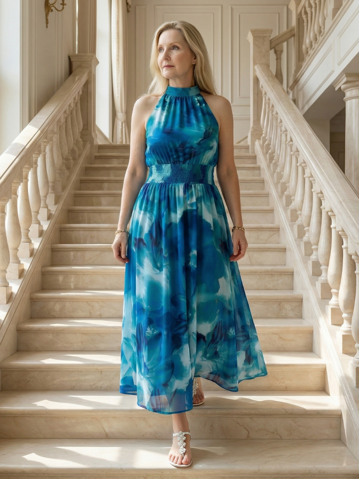 Sylin | Robe Midi Halter avec Taille Froncée