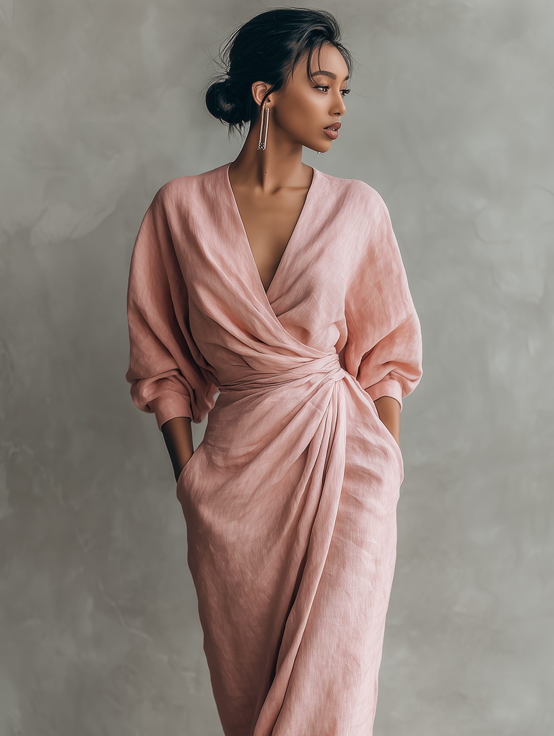 Robe Maxi Minimaliste Rose avec Décolleté en V en Mélange de Lin pour Femmes