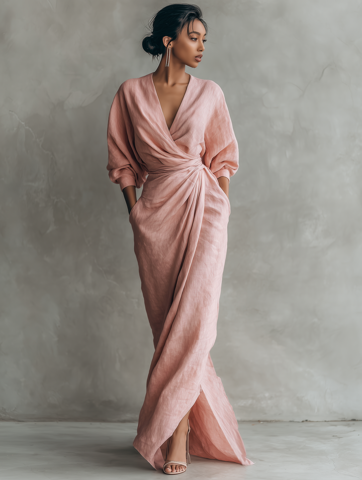 Robe Maxi Minimaliste Rose avec Décolleté en V en Mélange de Lin pour Femmes