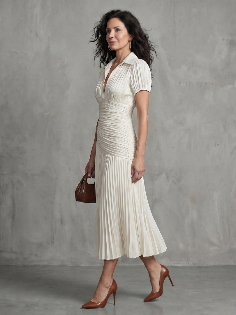 Theodora | Robe midi à taille plissée et rayures