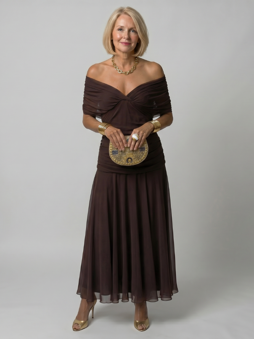 Calen | Robe Midi Fluide avec Décolleté Bardot