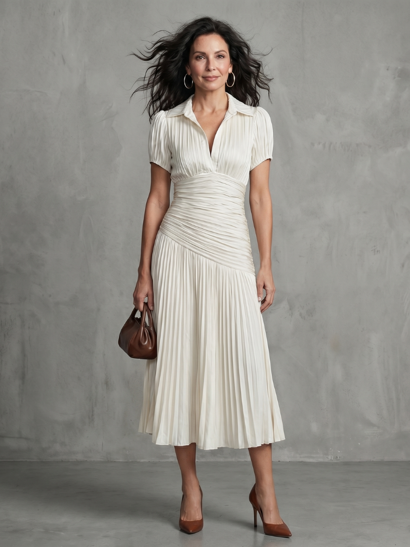 Theodora | Robe midi à taille plissée et rayures