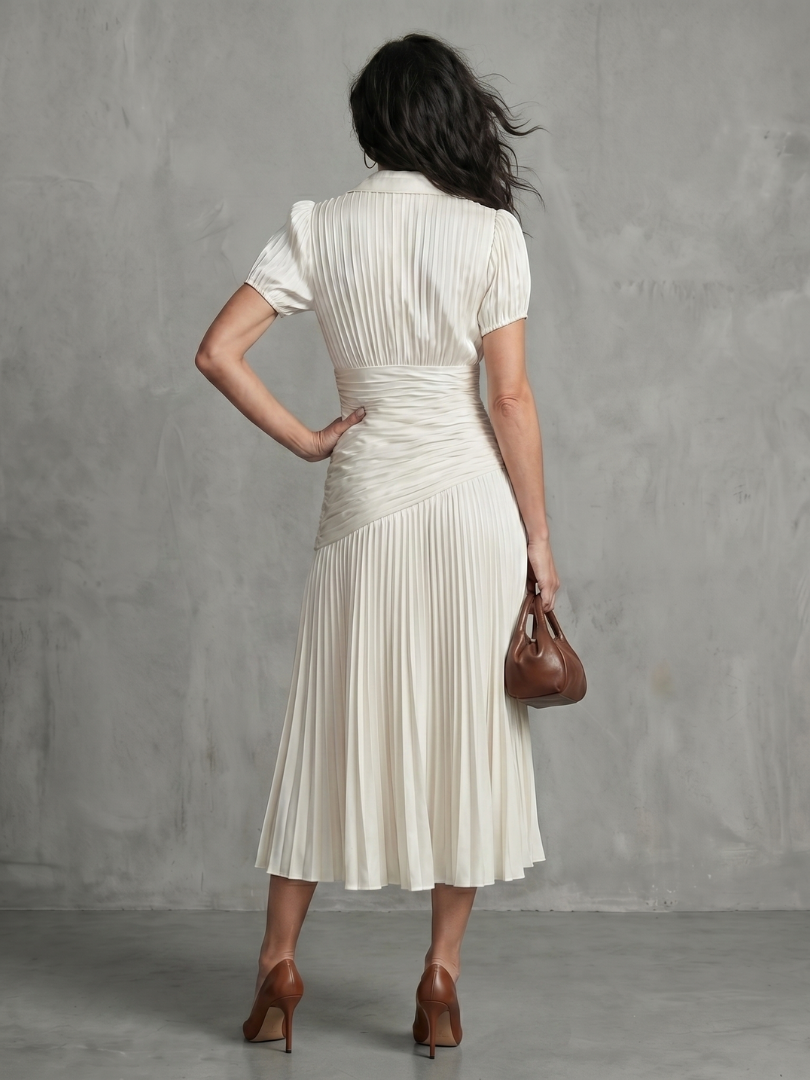 Theodora | Robe midi à taille plissée et rayures
