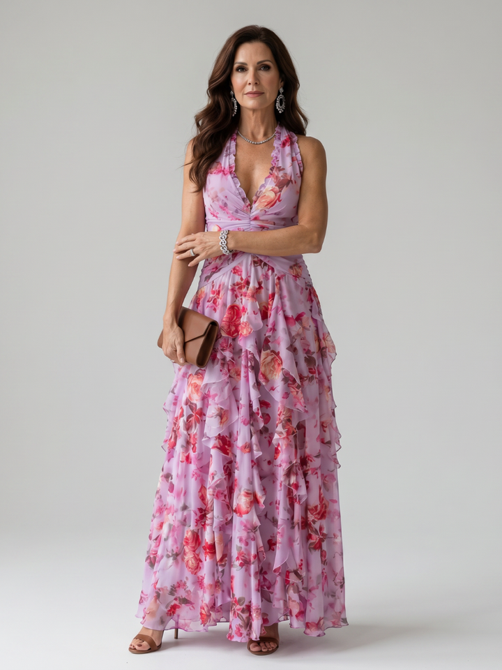 Nori | Robe Maxi Fleurie avec Décolleté Halter et Froncée