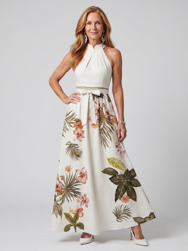 Meadow | Robe Maxi Botanique avec Décolleté Halter Drapé