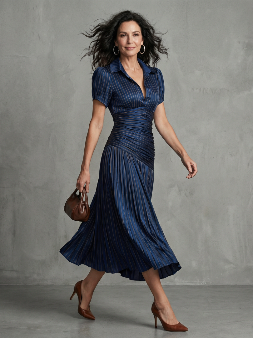 Theodora | Robe midi à taille plissée et rayures