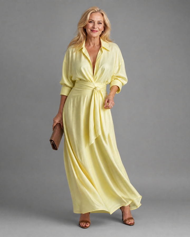 Zelith | Robe Midi Longue à Manches Longues avec Col et Ceinture