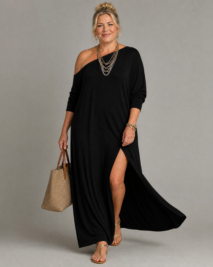 Asterelle | Robe midi fluide à épaule dénudée et fente latérale