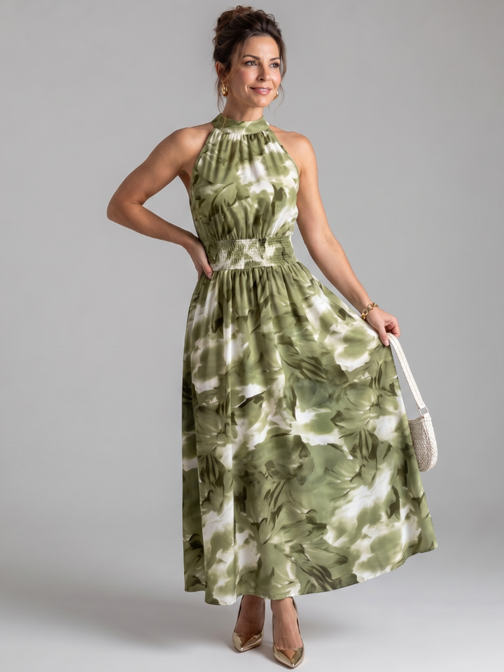 Olivia | Robe Midi Abstraite avec Taille Froncée