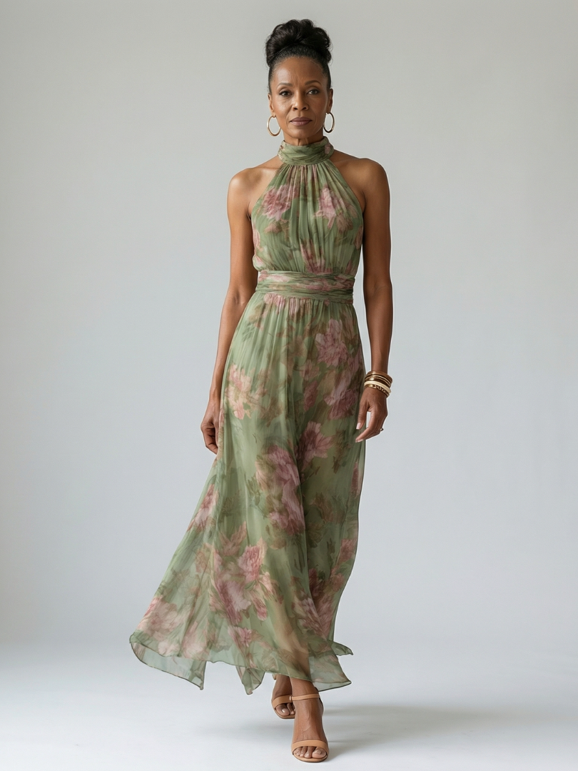 Mirelle | Robe Midi Halter Froncée Florale