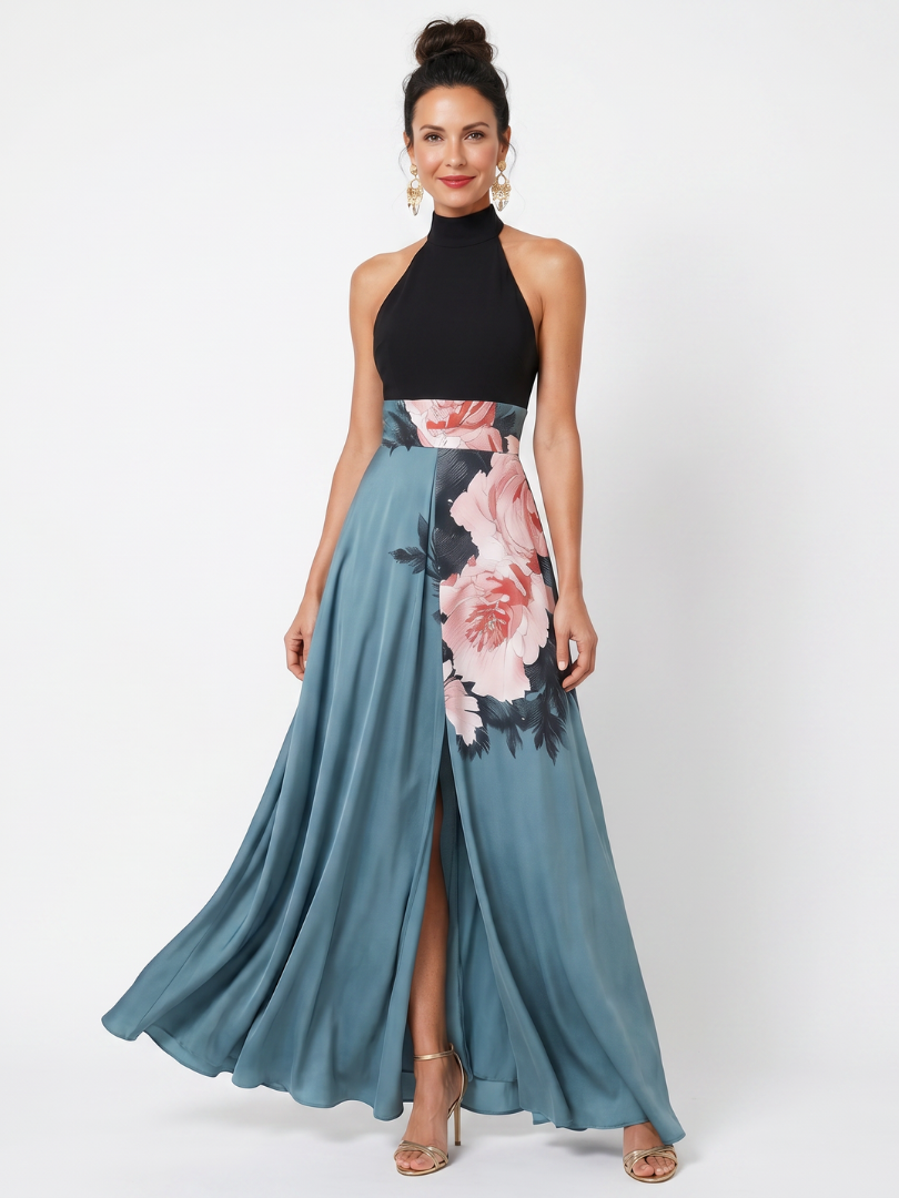 Olympas | Robe Maxi Fleurie avec Décolleté Halter