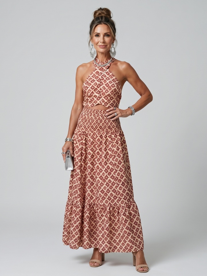 Amira | Robe Midi Géométrique avec Décolleté Halter Croisé