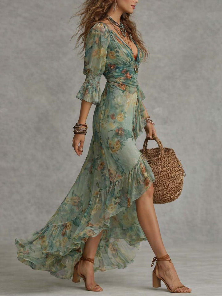 Aurora - robe boho longue à fleurs avec un ourlet asymétrique romantique