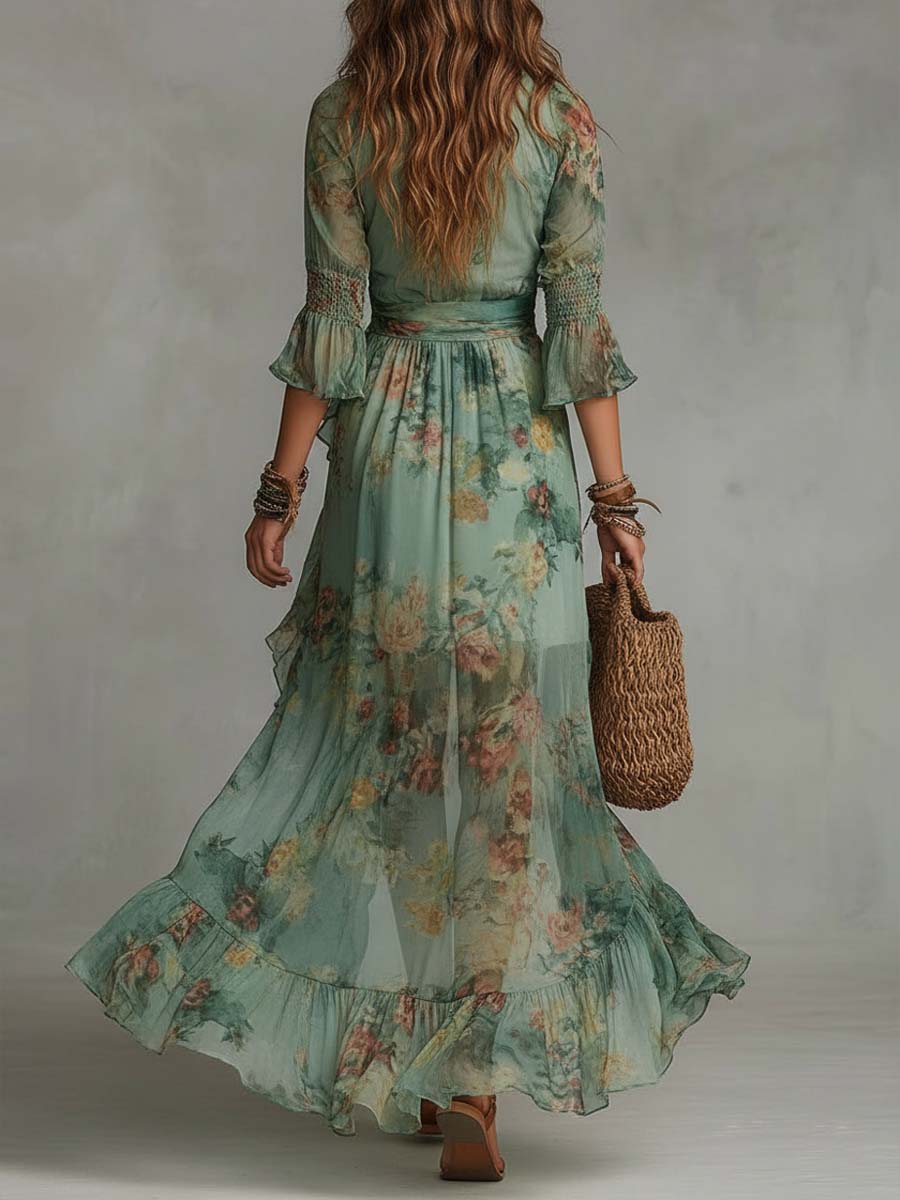 Aurora - robe boho longue à fleurs avec un ourlet asymétrique romantique