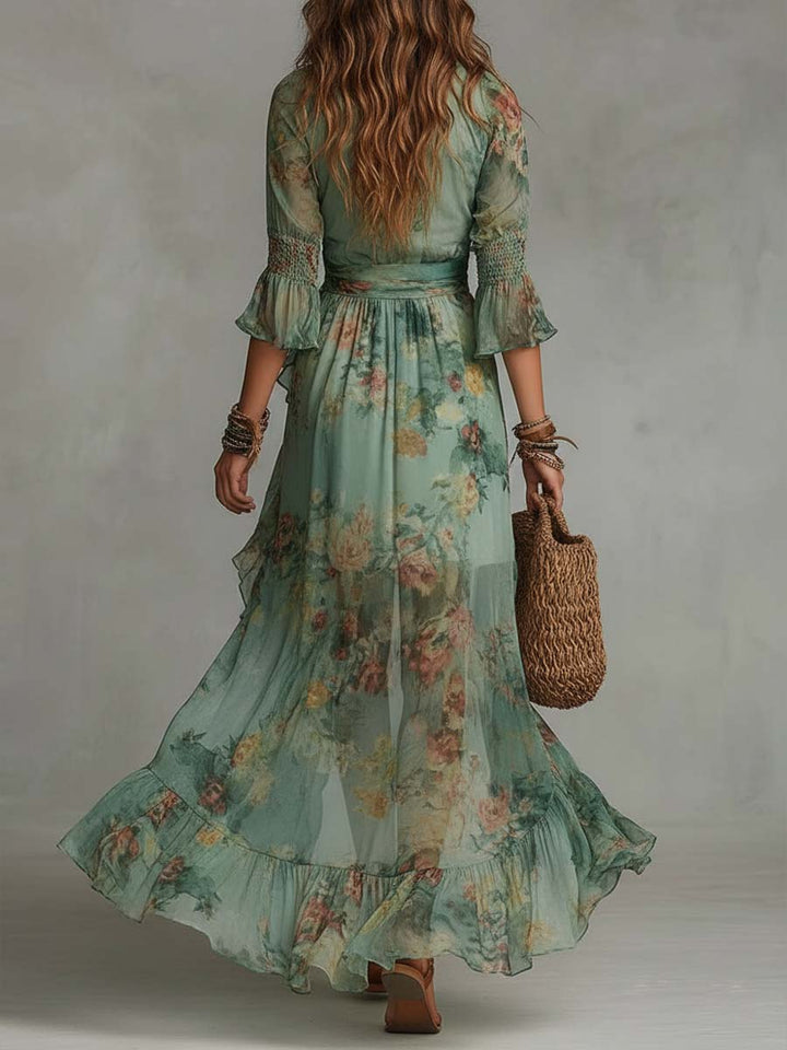 Aurora - robe boho longue à fleurs avec un ourlet asymétrique romantique