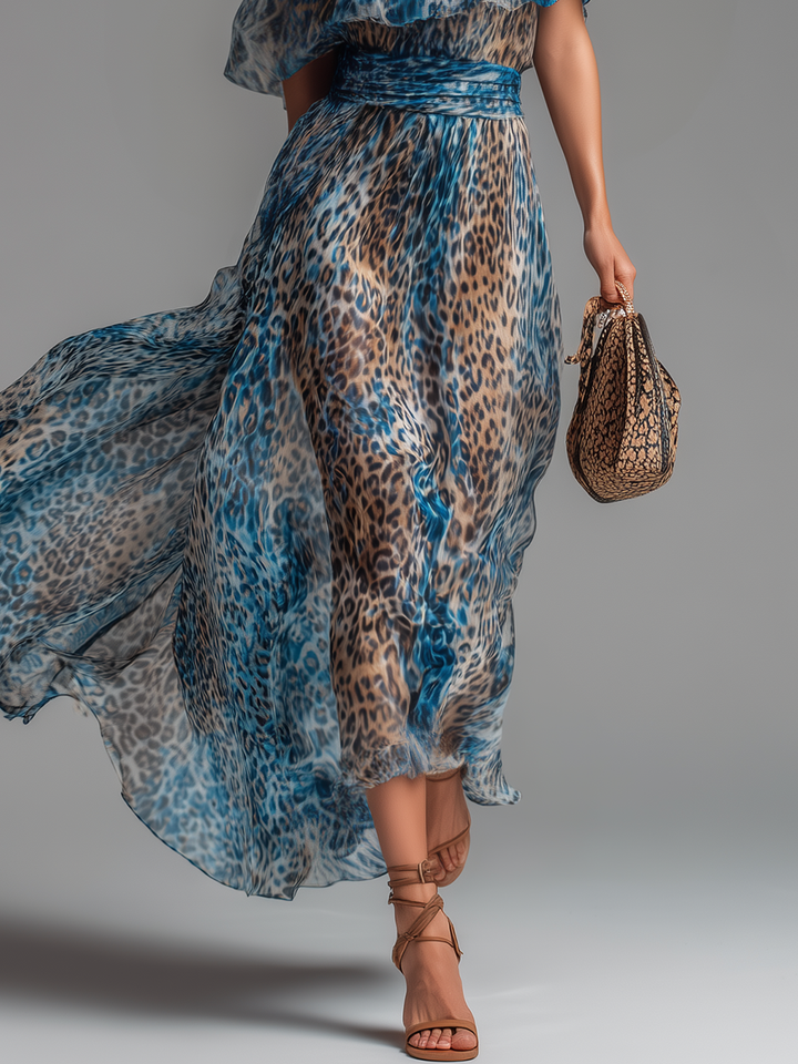 Selvaggia - Robe longue en chiffon avec imprimé léopard et épaules nues