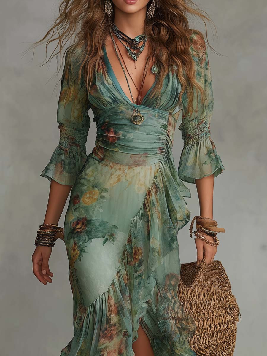 Aurora - robe boho longue à fleurs avec un ourlet asymétrique romantique
