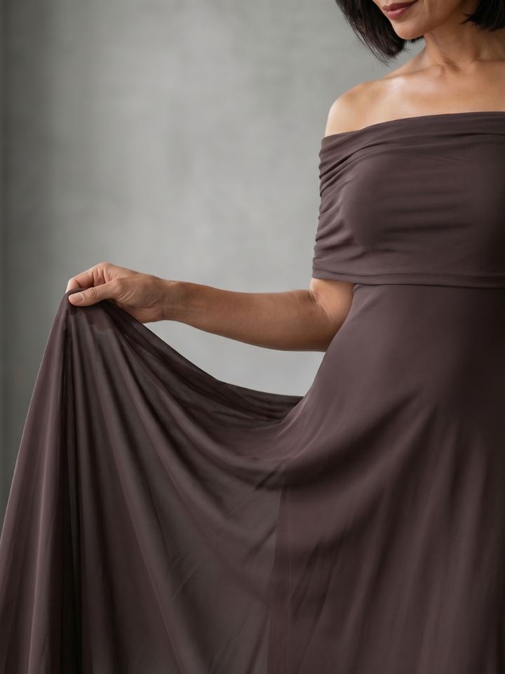 Juin | Robe Midi Drapée à Épaules Dénudées