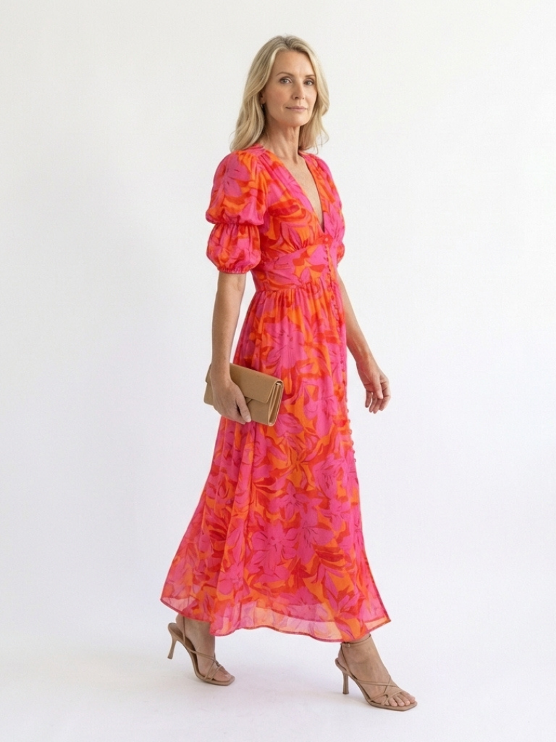 Saule | Robe Midi à Manches Bouffantes et Col V Floral