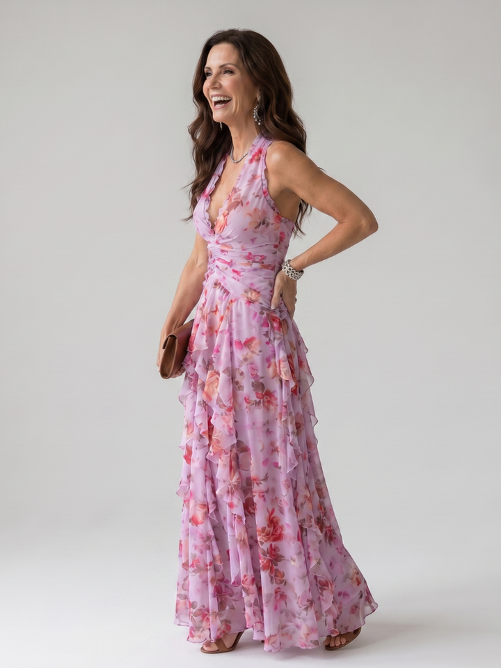 Nori | Robe Maxi Fleurie à Encolure Halter et Corps Froncé