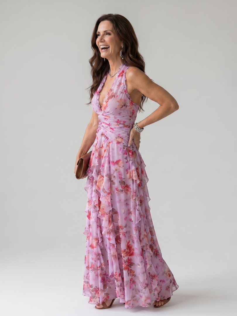 Nori | Robe Maxi Fleurie avec Décolleté Halter et Froncée