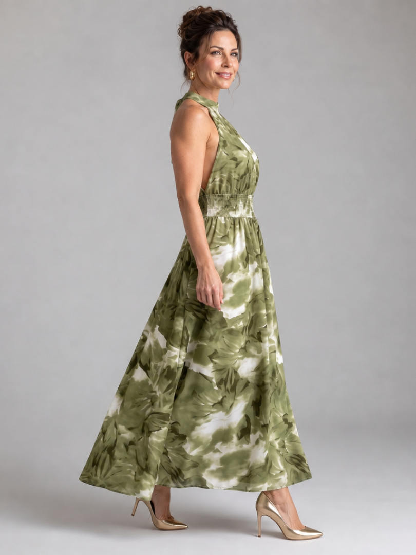 Olivia | Robe Midi Abstraite avec Taille Froncée