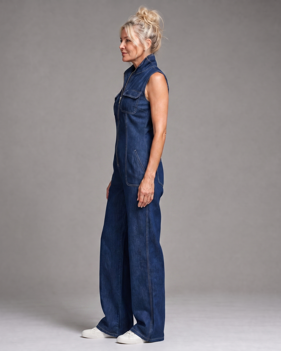 Samantha | Combinaison en denim sans manches à fermeture éclair devant