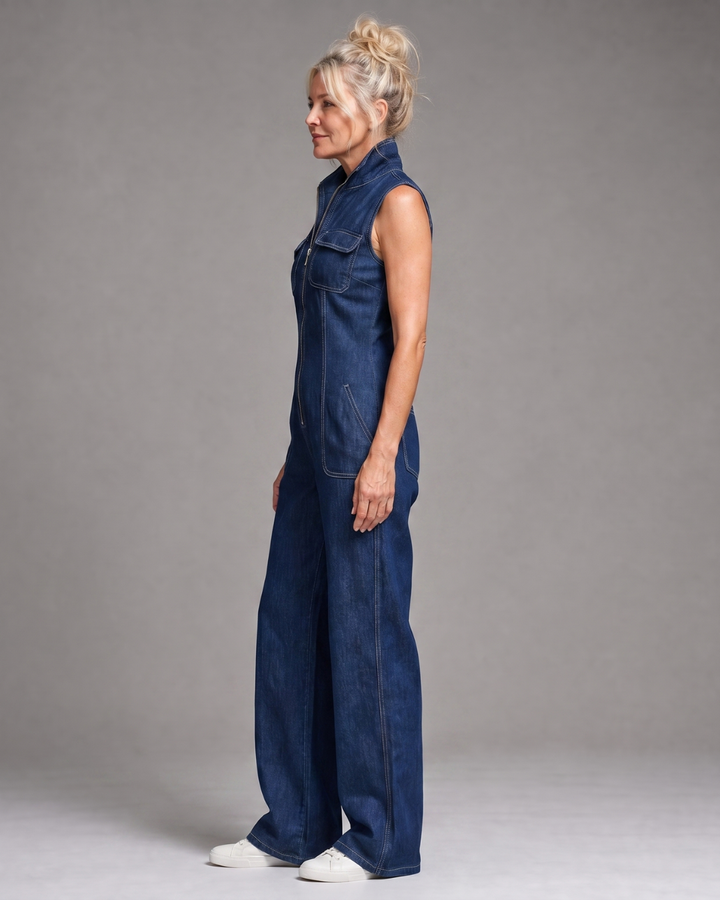 Samantha | Combinaison en denim sans manches à fermeture éclair devant