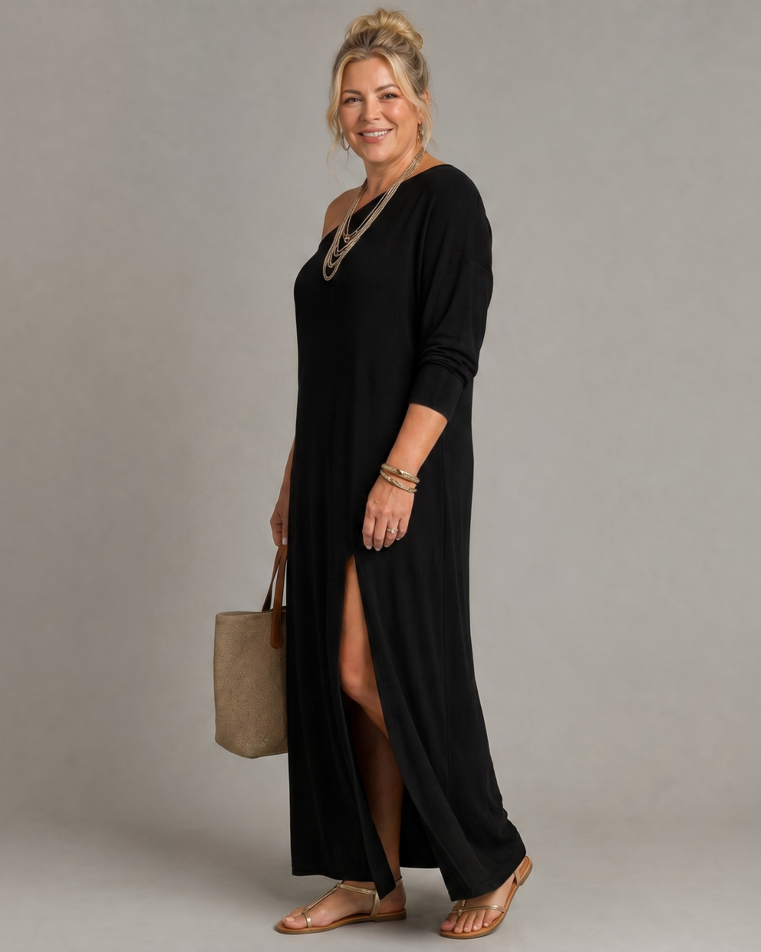Asterelle | Robe midi fluide à épaule dénudée et fente latérale