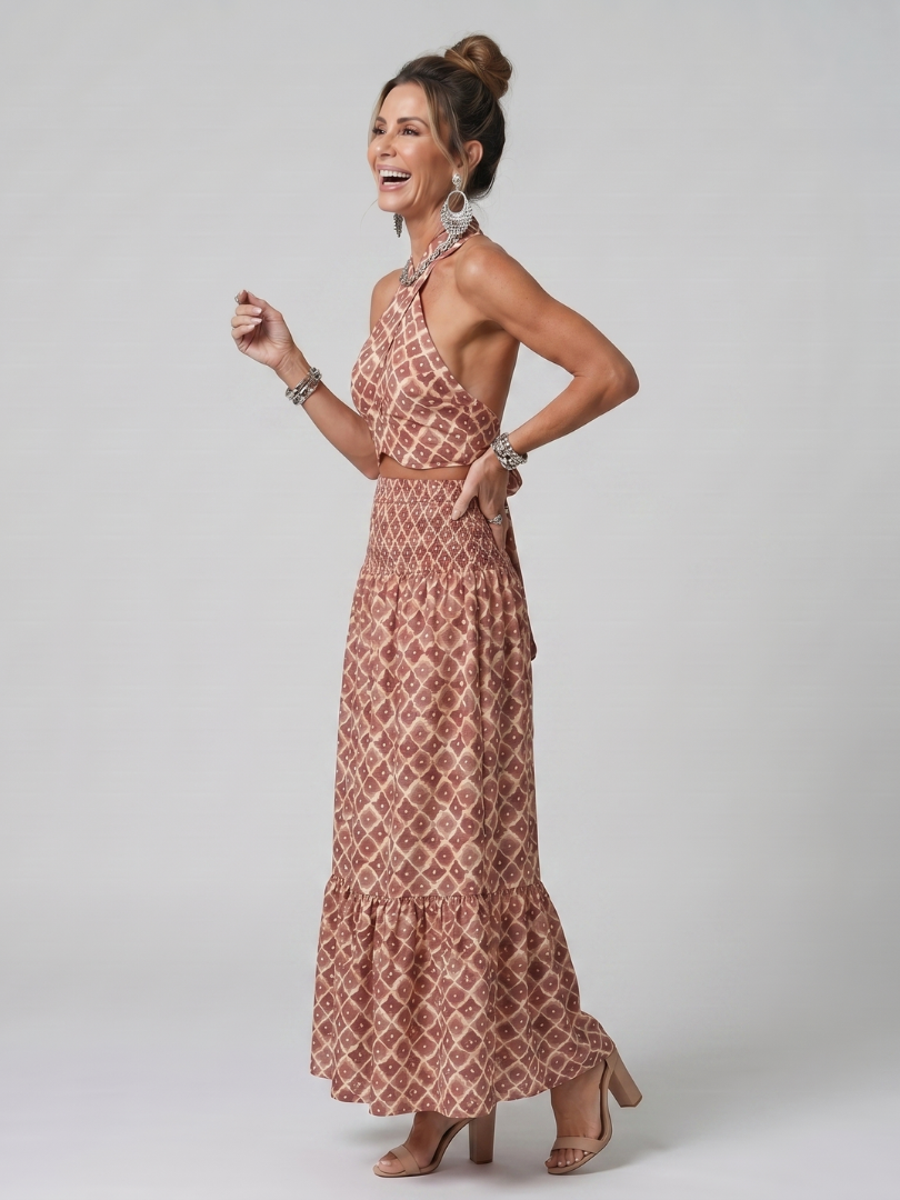 Amira | Robe Midi Découpée à Imprimé Géométrique avec Col Croisé