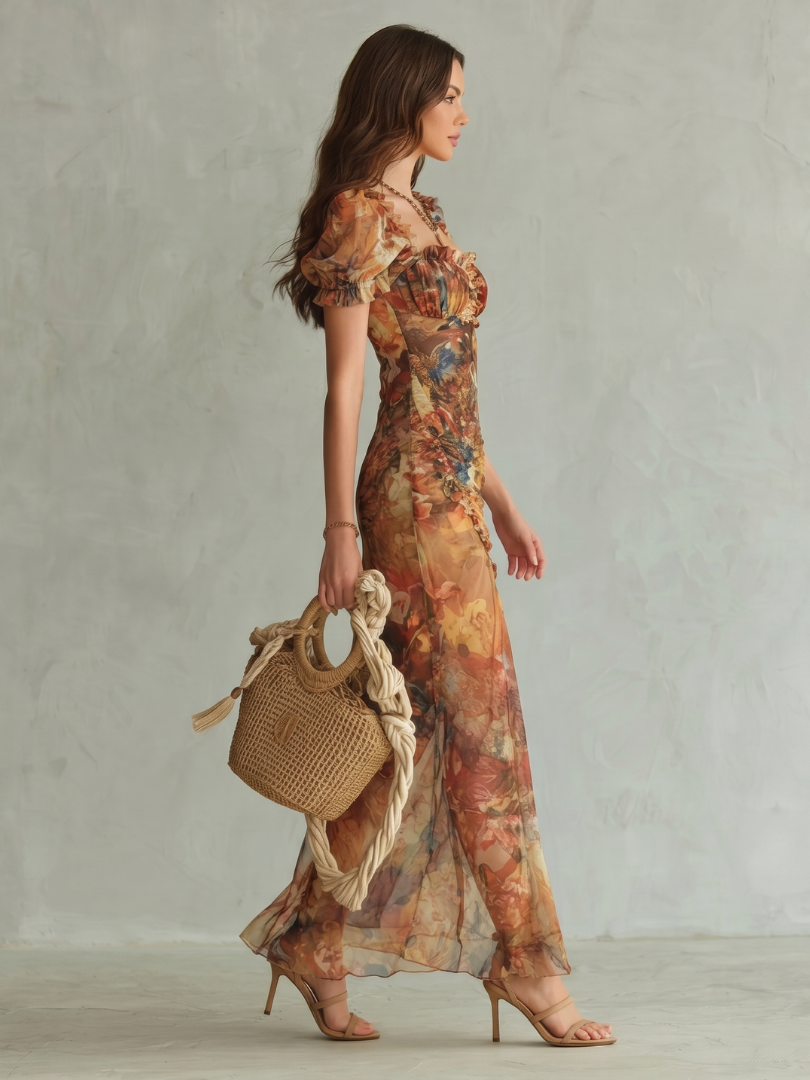 Ciel | Robe Midi Froncée avec Manches Volantes