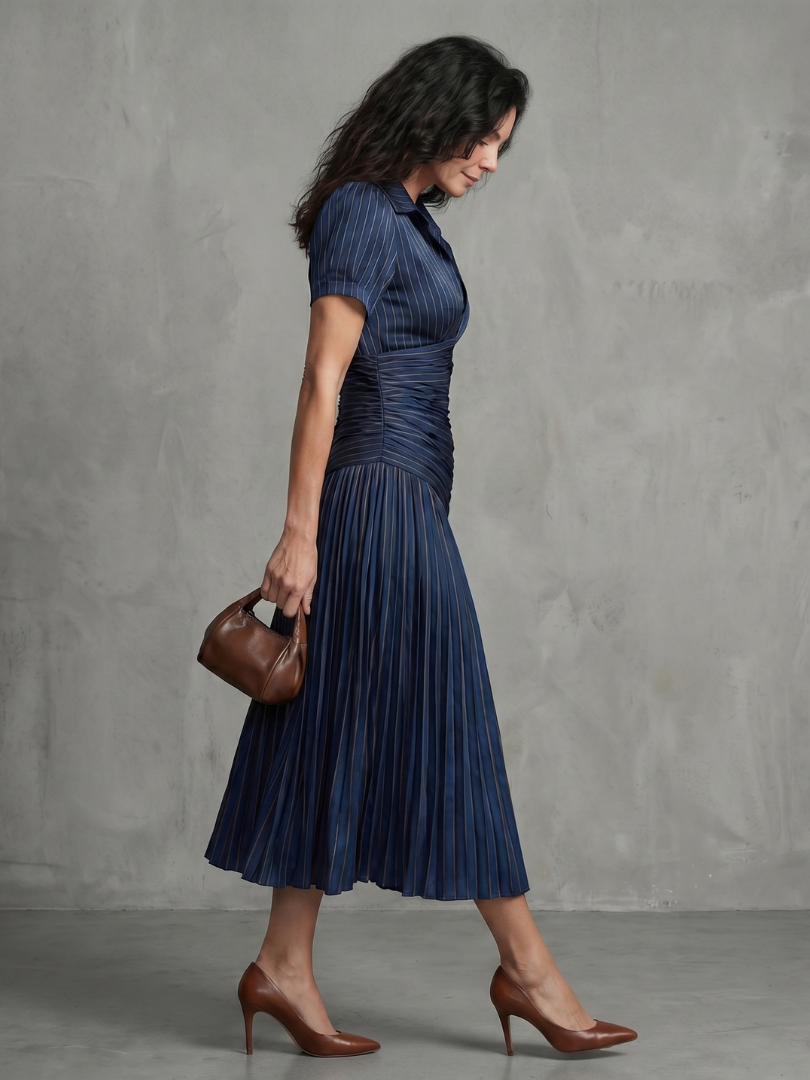 Theodora | Robe midi à taille plissée et rayures