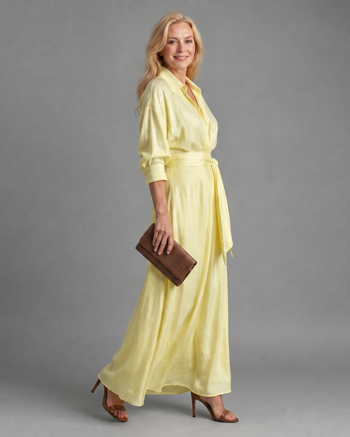 Zelith | Robe Midi Longue à Manches Longues avec Col et Ceinture