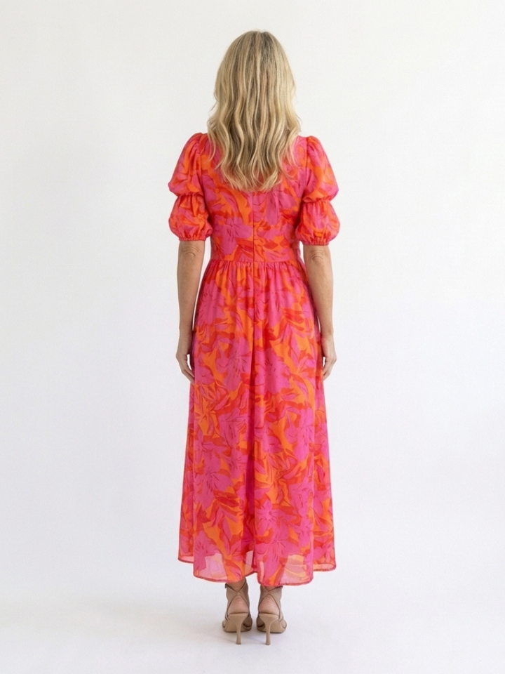 Saule | Robe Midi à Manches Bouffantes et Col V Floral
