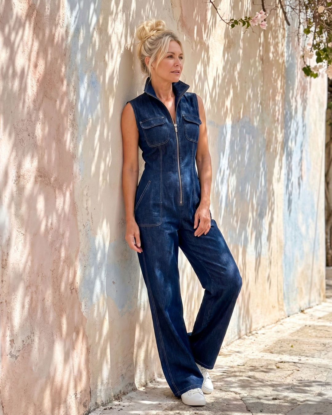 Samantha | Combinaison en denim sans manches à fermeture éclair devant