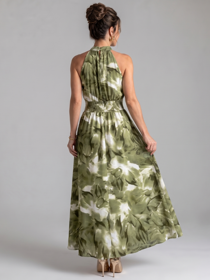 Olivia | Robe Midi Abstraite avec Taille Froncée