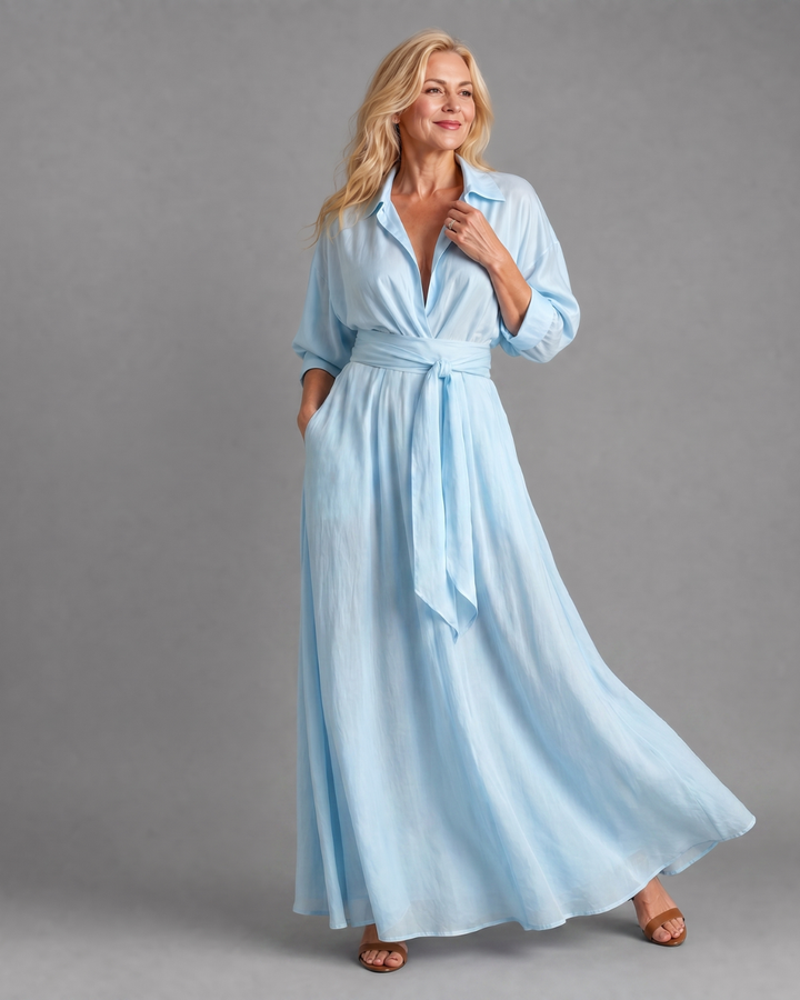 Zelith | Robe Midi Longue à Manches Longues avec Col et Ceinture