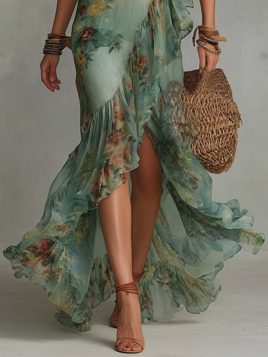 Aurora - robe boho longue à fleurs avec un ourlet asymétrique romantique