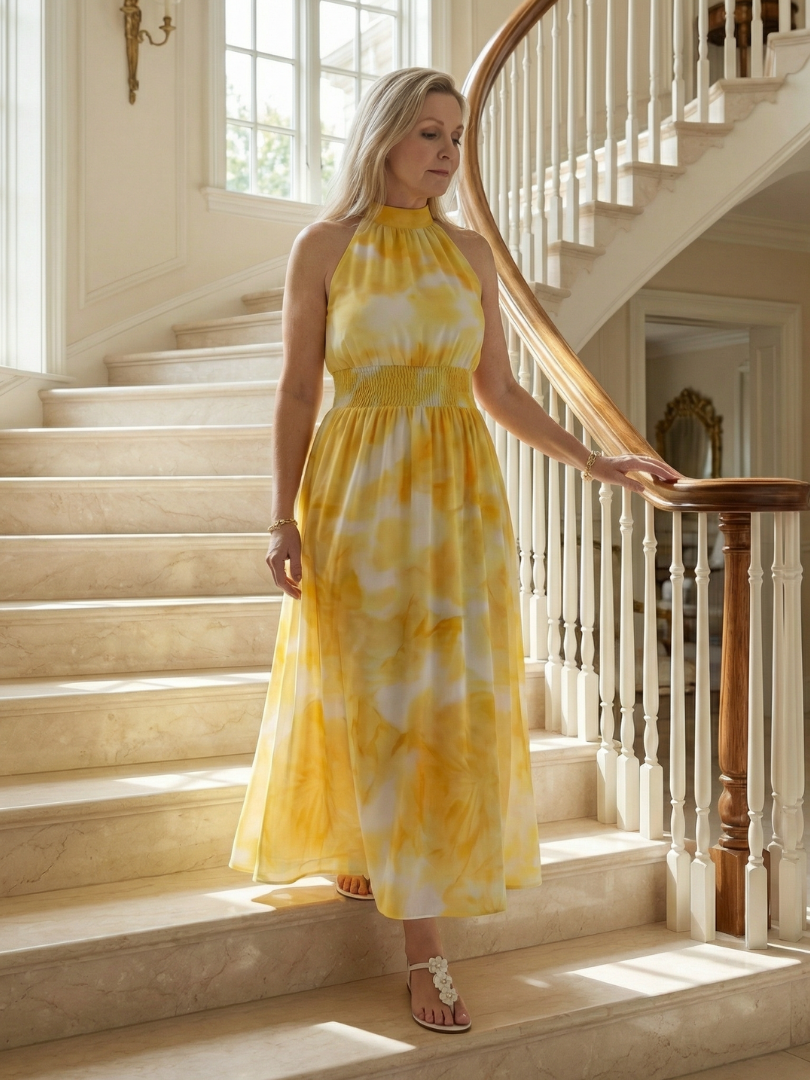 Sylin | Robe Midi Halter avec Taille Froncée