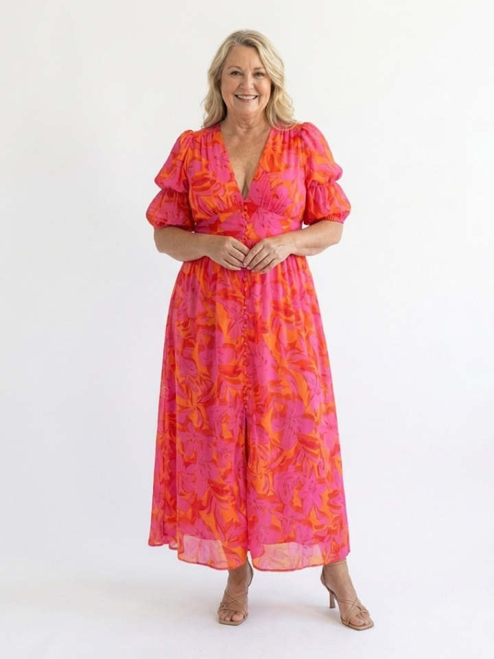 Saule | Robe Midi à Manches Bouffantes et Col V Floral