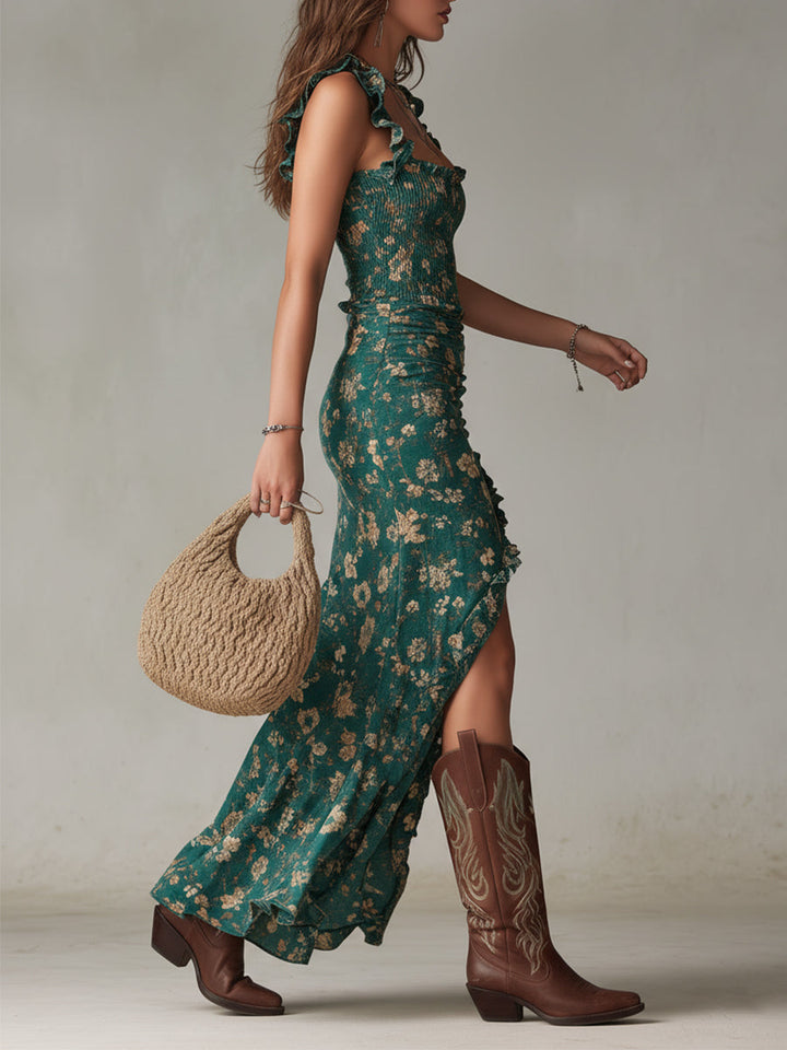 Sara | Robe longue au style boho rétro avec manches bouffantes et fente haute