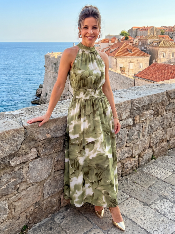 Olivia | Robe Midi Abstraite avec Taille Froncée