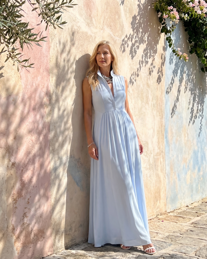 Virelia | Robe maxi fluide sans manches avec col