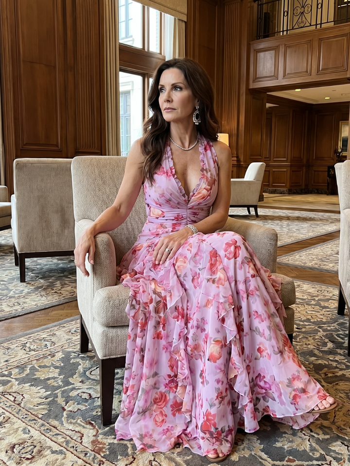 Nori | Robe Maxi Fleurie avec Décolleté Halter et Froncée